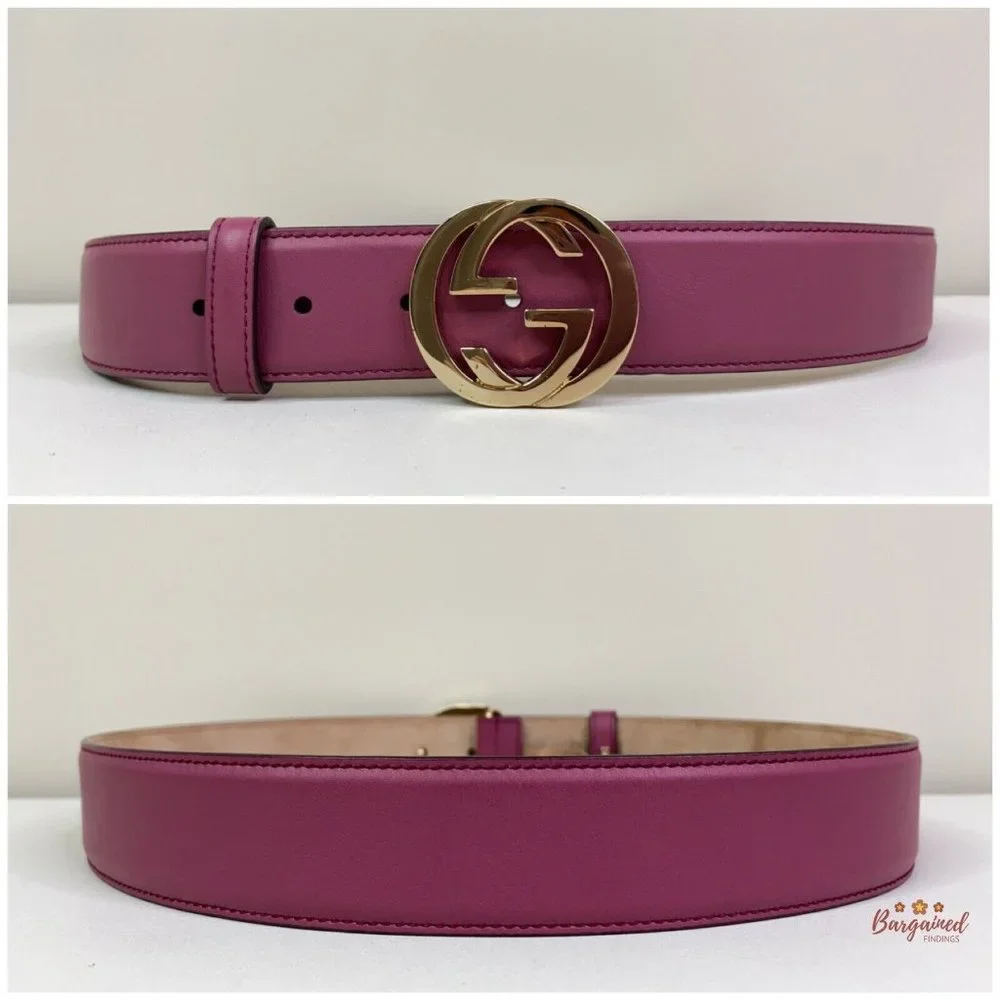 Authentic Gucci Pink Calfskin Leather Gold Interlocking G Buckle Belt 85/34 - Picture 6 of 12